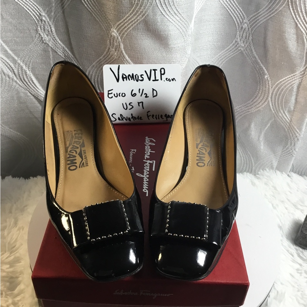 Salvatore Ferragamo Black Patent Leather Bow Pumps